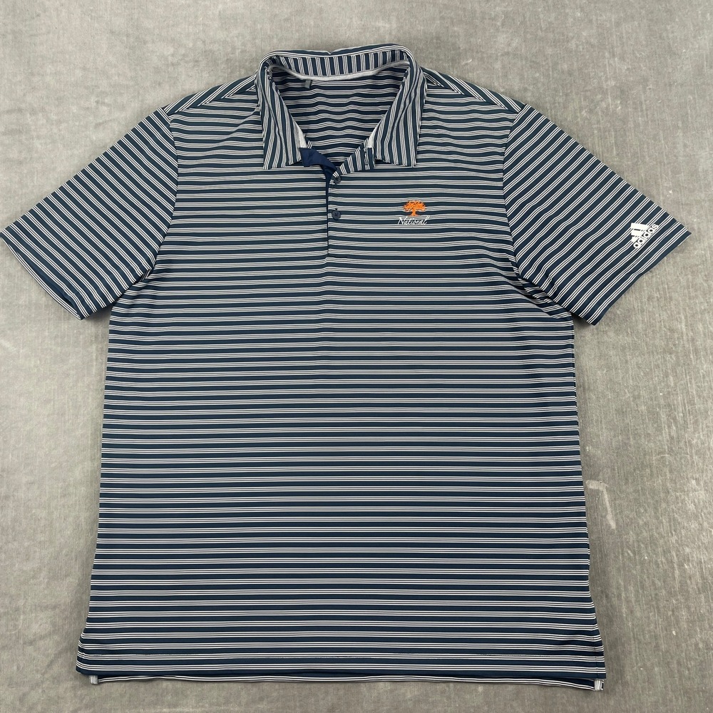 Adidas Mens Large Navy Blue Striped Polo Shirt National Golf Logo